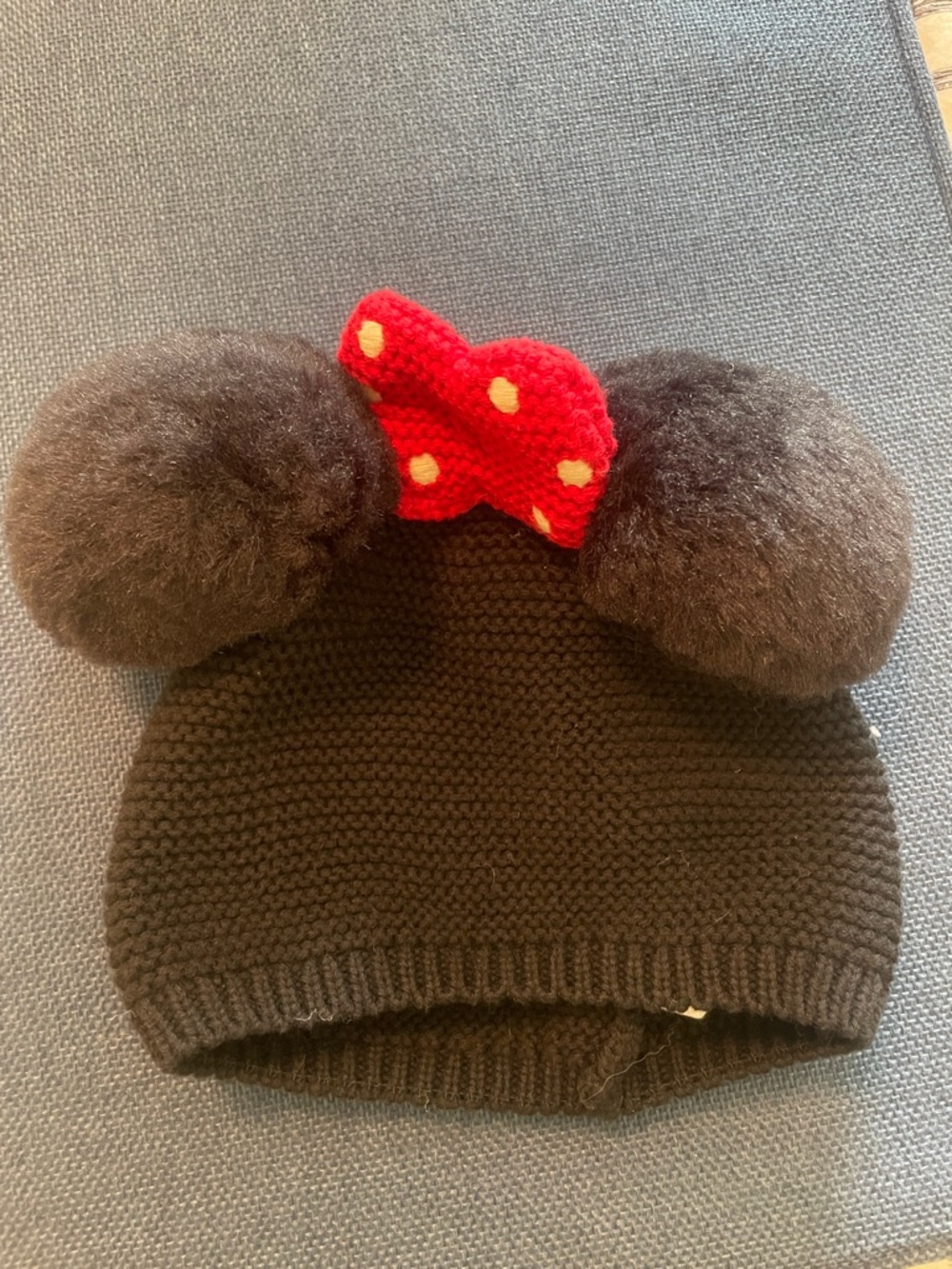 Disney Black Knit Beanie with Red Polka Dot Bow and Pom Poms